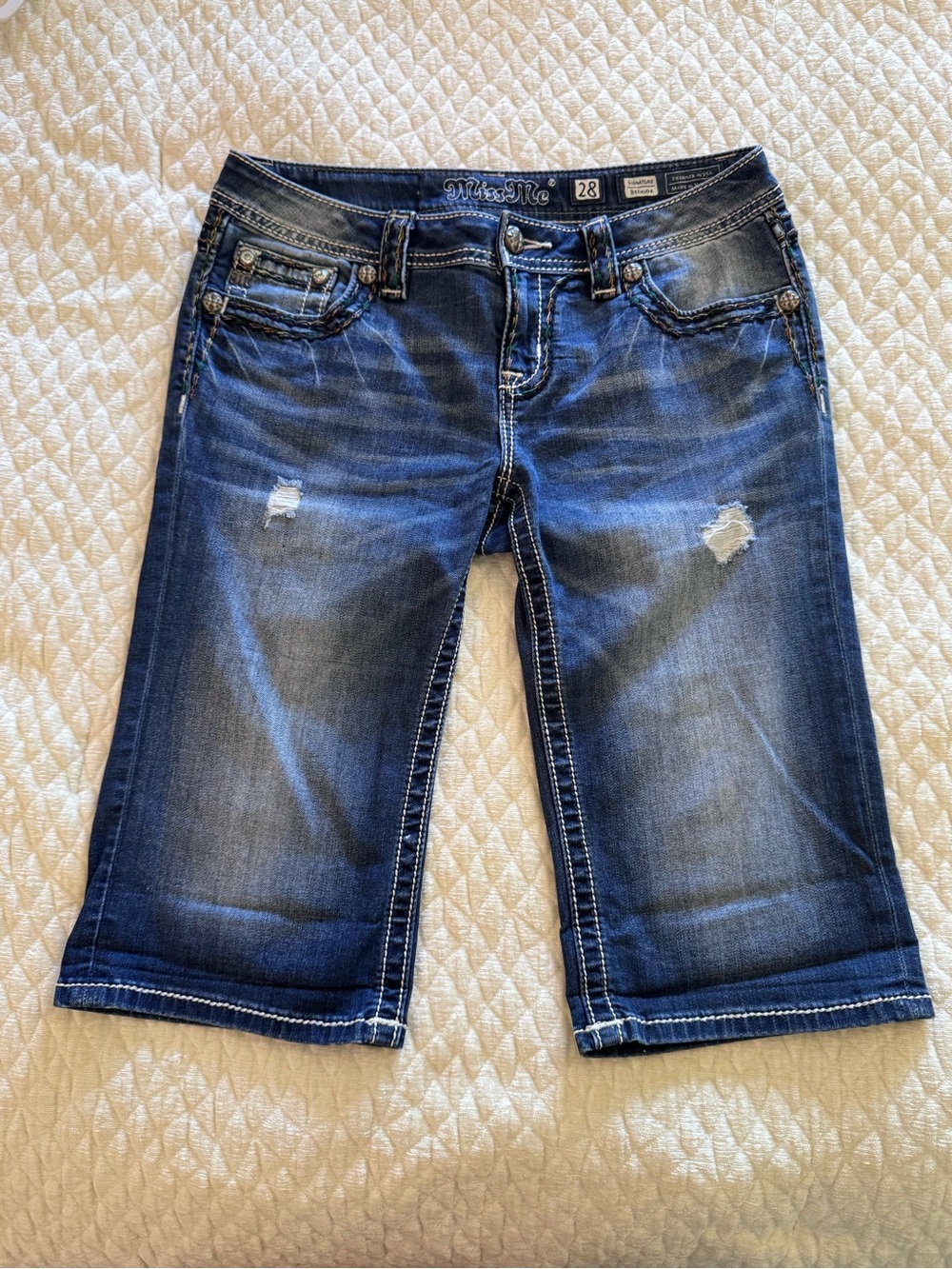 Miss Me Embroidered Denim Signature Bermuda Shorts - Size 28